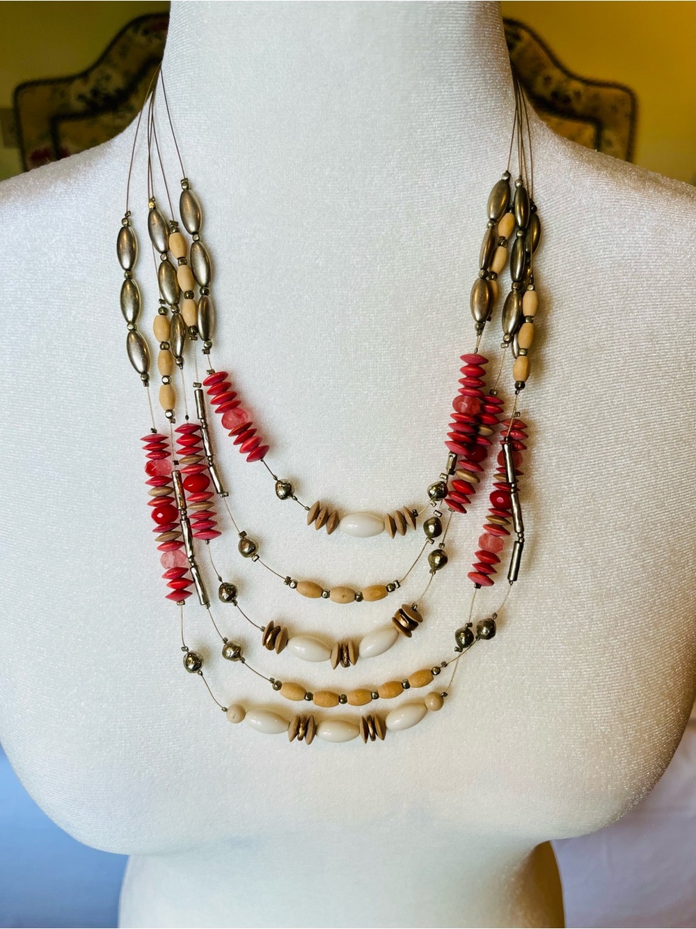 Multi-Strand Pink and Beige Beaded Silver Tone Women's Necklace by Chico’s